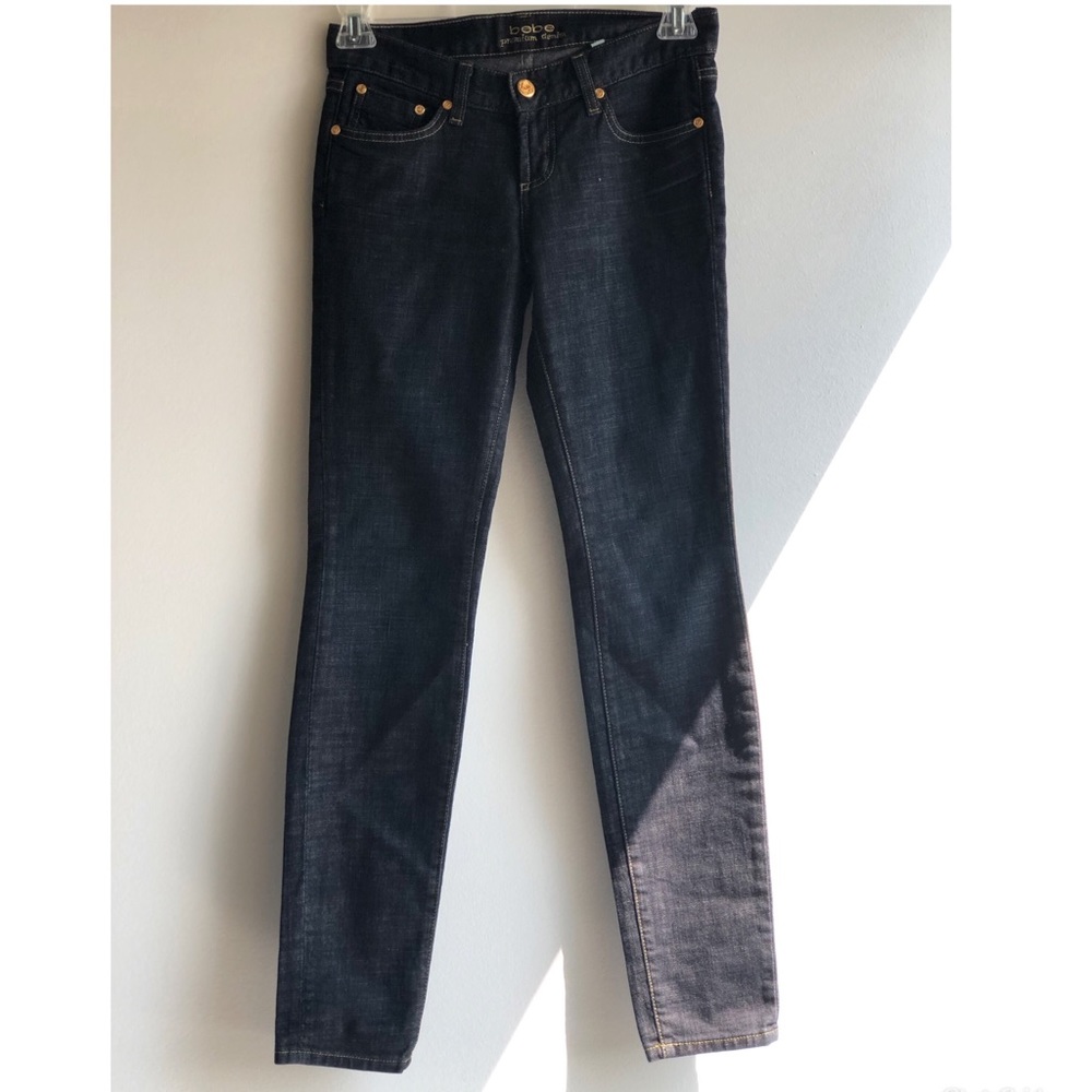 Bebe jeans (dark denim) w/ gold logo on pocket